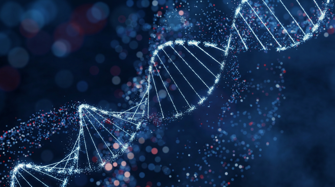 A glowing DNA double helix against a deep blue background